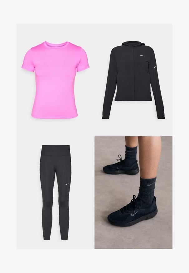 Črna kapuča s dolgimi rokavi, izdelana iz lahkega materiala. Ima sprednji zadrgo, logotip Nike in subtilne oblikovne detajle.; Roza majica s kratkimi rokavi, izdelana iz gladkega in raztegljivega materiala. Ima klasičen kroj ovratnika in brezšivne rame.; Črne legice iz elastične tkanine, z visokim pasom in belim Nike logo na levem stegnu. Gladka tekstura, oblikovno prilegajoč dizajn.; Črne Nike teniske z strukturiranim pletenim zgornjim delom, s sivim swoosh logotipom, v kombinaciji s temnimi rebrastimi nogavicami. Udoben gumijast podplat.