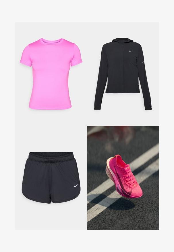 Casaco preto com capuz e mangas longas, feito de material leve. Apresenta um fecho dourado na frente, um logótipo da Nike e detalhes de design subtis.; T-shirt rosa de manga curta feito de um tecido liso e elástico. Apresenta um decote redondo clássico e ombros sem costura.; Calções atléticos pretos com cintura elástica, apresentando um design desportivo e um logótipo Nike branco na parte inferior da frente. Tecido texturizado.; Sapatilha desportiva em rosa brilhante, fabricada em material malhado com superfície texturizada, parte superior em malha e uma entressola branca. Apresenta um logótipo swoosh em rosa escuro.