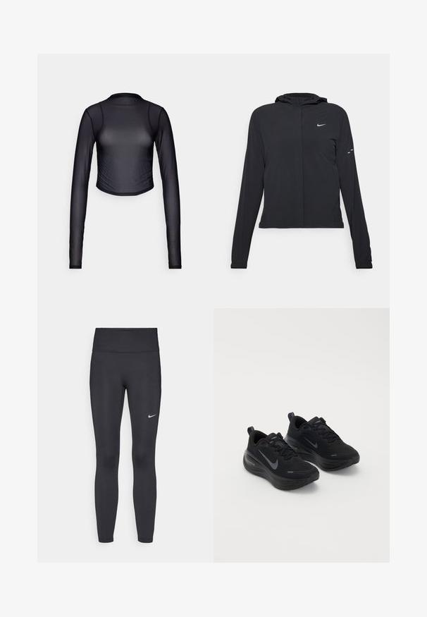 Black hooded jacket with long sleeves, made from lightweight material. Features a front zipper, a Nike logo, and subtle design accents.; Black, long-sleeved crop top made of sheer, stretchy material. Features a round neckline and fitted design with subtle seam detailing.; Black leggings made of stretchy fabric, featuring a high waistband and a white Nike logo on the left thigh. Smooth texture, form-fitting design.; Black athletic shoes with a textured upper, lace-up design, and a thick, cushioned sole. Features a grey Nike logo on each side.