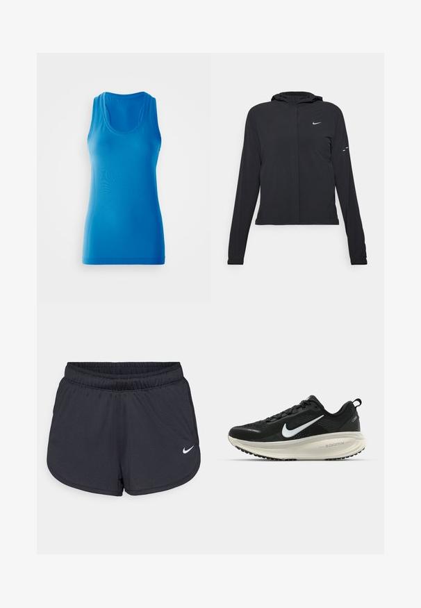 Casaco preto com capuz e mangas longas, feito de material leve. Apresenta um fecho dourado na frente, um logótipo da Nike e detalhes de design subtis.; Top sem mangas azul, feito de um tecido liso e elástico, com decote redondo e um design ajustado. Sem padrões ou detalhes.; Calções atléticos pretos feitos de um tecido leve e respirável. Apresenta uma cintura elástica e o logótipo da Nike em branco no canto inferior direito.; Sapatilha de corrida Nike preta com parte superior de malha respirável, logotipo Swoosh branco, detalhes texturizados e uma entressola ZoomX na cor creme.