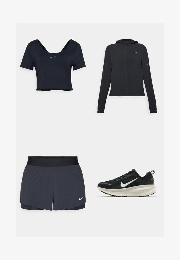 Črna kapuča s dolgimi rokavi, izdelana iz lahkega materiala. Ima sprednji zadrgo, logotip Nike in subtilne oblikovne detajle.; Črn skrajšan majica iz gladkega materiala, s kratkimi rokavi in širokim izrezom. Nike logo v modri barvi je nameščen na sredini prsnega predela.; Črne atletske kratke hlače z elastičnim pasom, ki imajo plastičen dizajn in majhen bel Nike logotip na spodnji levi strani. Lahkoten material.; Črne Nike tekaške čevlje z zračno mrežno zgornjim delom, belim logotipom Swoosh, teksturiranimi detajli in smetanasto barvnim srednjim delom ZoomX.