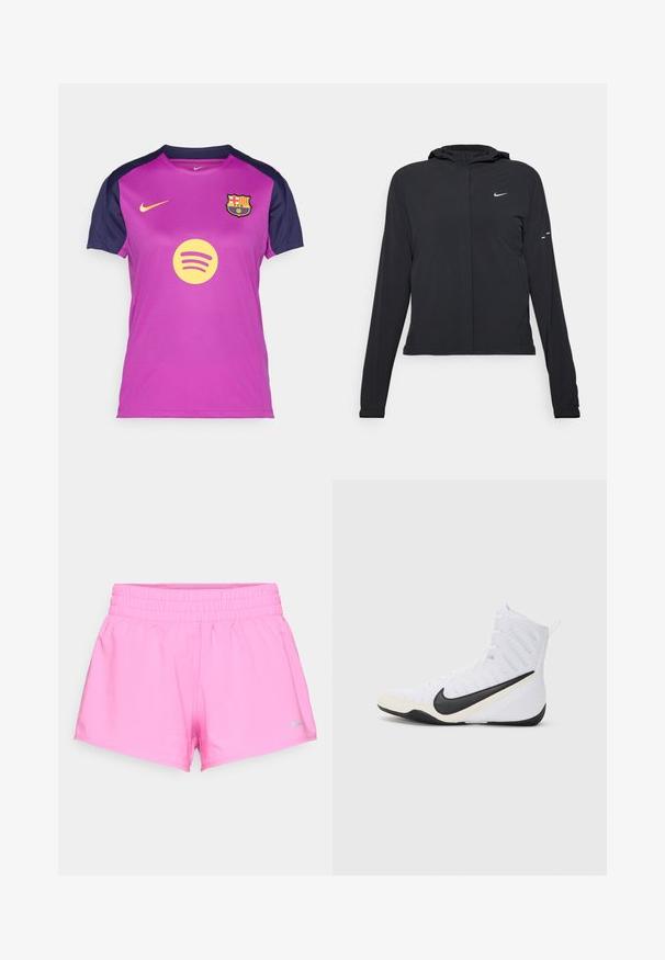 Fekete kapucnis dzseki hosszú ujjakkal, könnyű anyagból készült. Elülső cipzárral, Nike logóval és diszkrét dizájn elemekkel rendelkezik.; Lila Nike mez tengerészkék ujjakkal, sárga Spotify logóval és az FC Barcelona címerével a mellkasán. Lélegző anyagtextúra.; Fényes rózsaszín sportnadrág elasztikus derékkal és kis szürke Nike logóval az alsó bal szegélyen, fehér háttér előtt.; Fehér Nike sportcipő fekete pipa logóval. Magasított dizájn, texturált felsőrész és tartós gumitalp jellemzi.