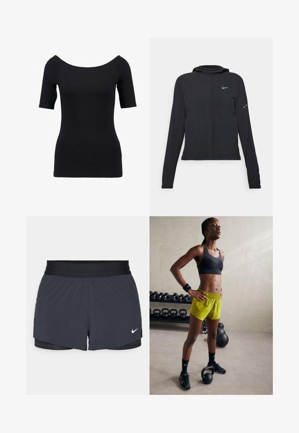 Svart hettegenser med lange ermer, laget av lett materiale. Har glidelås foran, Nike-logo og subtile design detaljer.; Svart kortermet topp med off-shoulder utringning, tettsittende design og glatt tekstur. Ingen synlige mønstre eller hardware-detaljer.; Sorte treningshorts med elastisk midjebånd, med lagdelt design og liten hvit Nike-logo på nederste venstre side. Lett materiale.; Svart sports-bh, lyse gule shorts med elastisk midje, svarte joggesko og håndleddsbånd, står ved siden av kettlebells.