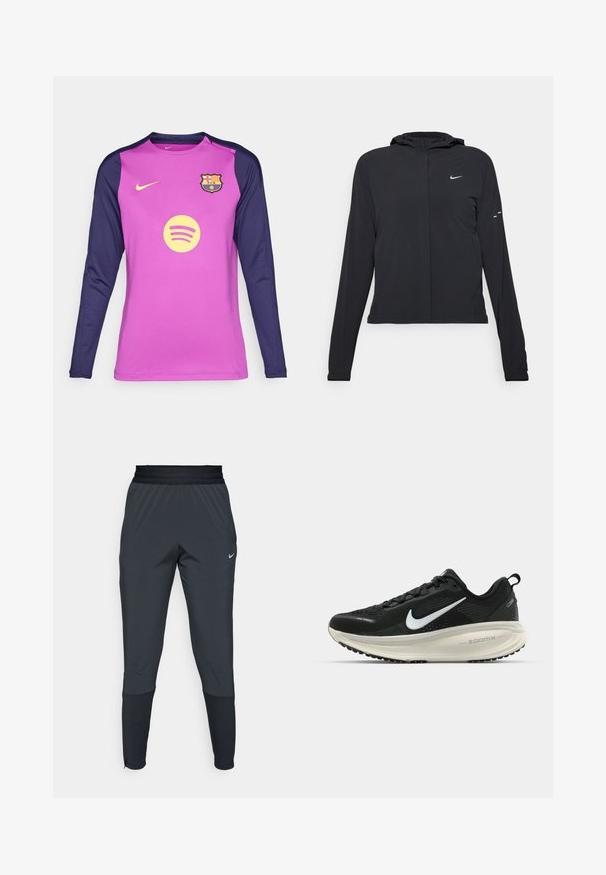 Svart hettegenser med lange ermer, laget av lett materiale. Har glidelås foran, Nike-logo og subtile design detaljer.; Langermet fotballdrakt med rosa kropp og marineblå ermer, laget av fukttransporterende stoff. Viser Barcelona-logoen og Spotify.; Nike treningsbukser i mørkegrå, med en tapered ben design, elastisk midjebånd og detaljert dekorasjon nær mansjettene.; Svart Nike løpesko med pustende mesh-overdel, hvit swoosh-logo, teksturert detaljer og en kremfarget ZoomX mellomsåle.