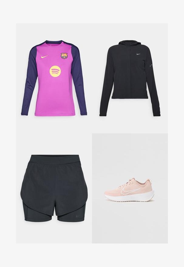 Must musta kapuutsiga jakk, millel on pikad varrukad ja mis on valmistatud kergetest materjalidest. Omab esitaskut, Nike logo ja kergelt silmatorkavaid disainiaktsente.; Pikkade varrukatega jalgpallipaita, millel on roosa keha ja tumesinised varrukad, valmistatud niiskust eemal hoidvast kangast. Näitab Barcelona logo ja Spotify logo.; Mustad musta sportlikud lühikesed püksid kihilise disainiga, millel on sile välimine kiht ja istuvad sisepüksid. Valmistatud kergest, venivast kangast.; Heled pink sportjalanõud hingava võrkkattega, valge Nike logo ja paksu valge tallaga. Omab textuuriga õmblusi ja paelte.