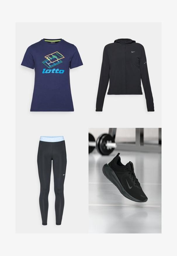 Must musta kapuutsiga jakk, millel on pikad varrukad ja mis on valmistatud kergetest materjalidest. Omab esitaskut, Nike logo ja kergelt silmatorkavaid disainiaktsente.; Tumesinine puuvillane T-särk lühikeste käistega, mille esiküljel on mitmevärviline Lotto logo ja geomeetriline disain.; Mustad mustat treeninglegginid heledast sinisest vöökohtast, millel on tekst "NIKE PRO"; sile tekstuur ja keha lähedane disain. Vasakul küljel valge Nike logo.; Mustad mustang spordijalatsid Nike logo'ga, õhus spordisaali põrandal, häguste hantlite riiulitega taustal.
