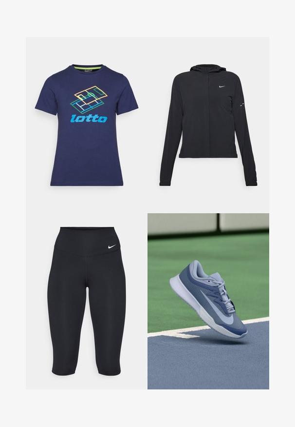 Sort hættetrøje med lange ærmer, lavet af letvægtsmateriale. Har en frontlynlås, et Nike-logo og subtile designaccenter.; Marineblå bomulds t-shirt med korteærmer, prydet med et flerfarvet Lotto-logo og geometrisk design trykt på forsiden.; Nike sorte capri leggings har en høj talje, glat strækstof og en diskret logo-detalje foran.; Sport sneaker i lys blå og marine, med en tekstureret overdel, flade snørebånd og en let hvid sål. Hævdet over en baneoverflade.