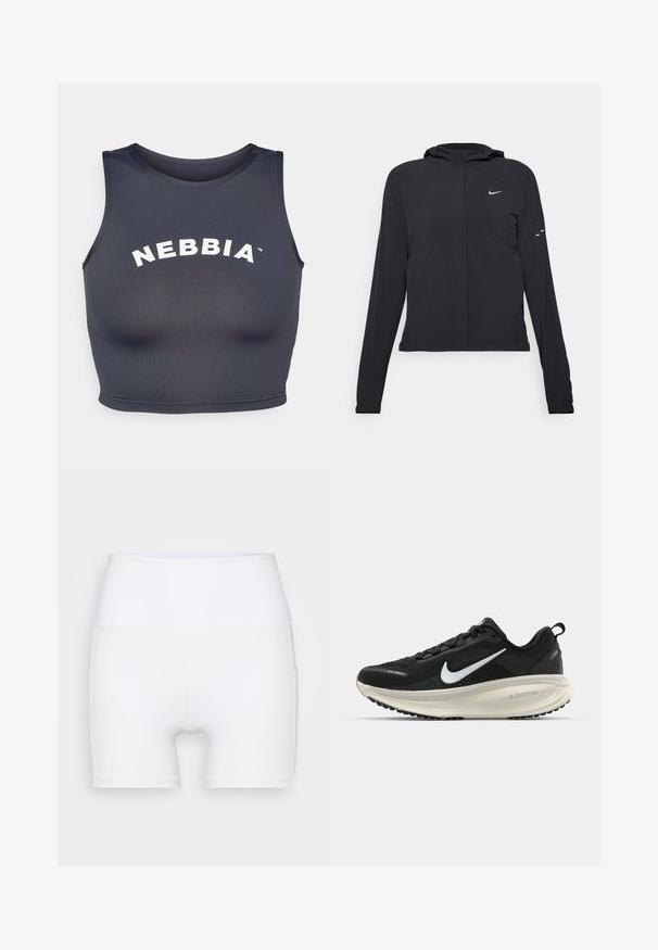 Černá kapucňová bunda s dlouhými rukávy, vyrobená z lehkého materiálu. Obsahuje přední zip, logo Nike a decentní designové akcenty.; Sportovní crop top v tmavě šedé barvě, vyrobený z jemné a elastické látky. Má kulatý výstřih a bílý text "NEBBIA" v obloukovém designu.; Bílé šortky s vysokým pasem vyrobené z elastického materiálu. Mají hladký povrch a přiléhavý střih, bez dalších vzorů či kovových prvků.; Černá běžecká obuv Nike s prodyšným síťovaným svrškem, bílým logem swoosh, texturovanými detaily a krémovou mezipodešví ZoomX.