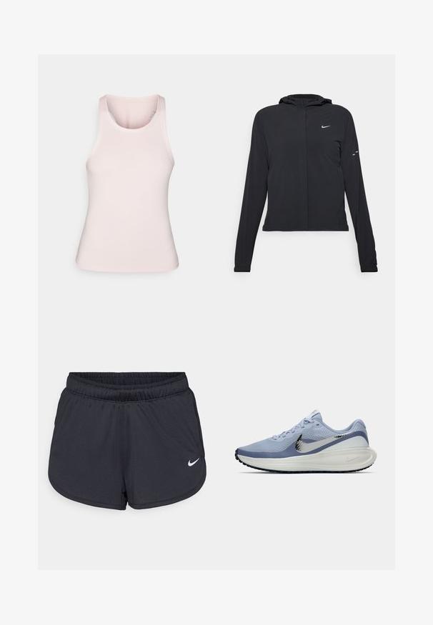 Svart hettegenser med lange ermer, laget av lett materiale. Har glidelås foran, Nike-logo og subtile design detaljer.; Lys rosa tank topp laget av glatt, strekkbart stoff; har rund halslinning og racerback-design uten ytterligere mønstre eller detaljer.; Svarte treningsshorts laget av lett, pustende stoff. Har elastisk linning og hvit Nike-logo nederst til høyre.; Lys blå og hvit Nike løpesko med sølvfarget swoosh, pustende mesh-overdel, polstret såle og svart yttersåle med mønster.