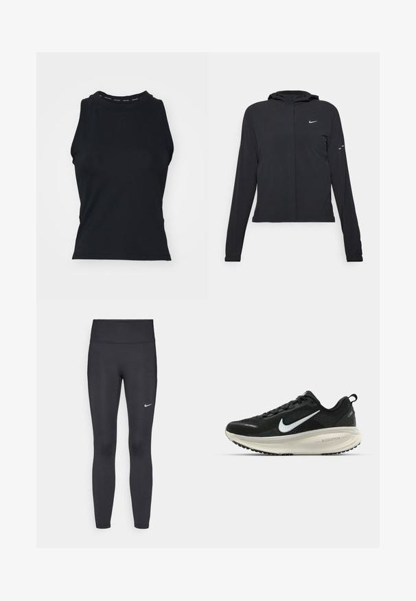 Casaco preto com capuz e mangas longas, feito de material leve. Apresenta um fecho dourado na frente, um logótipo da Nike e detalhes de design subtis.; Top preto sem mangas com um decote alto. Feito de um tecido liso e elástico, com um logotipo impresso na gola. Design minimalista.; Leggings pretos feitos de tecido elástico, com uma cintura alta e um logo branco da Nike na coxa esquerda. Textura suave, design ajustado ao corpo.; Sapatilha de corrida Nike preta com parte superior de malha respirável, logotipo Swoosh branco, detalhes texturizados e uma entressola ZoomX na cor creme.