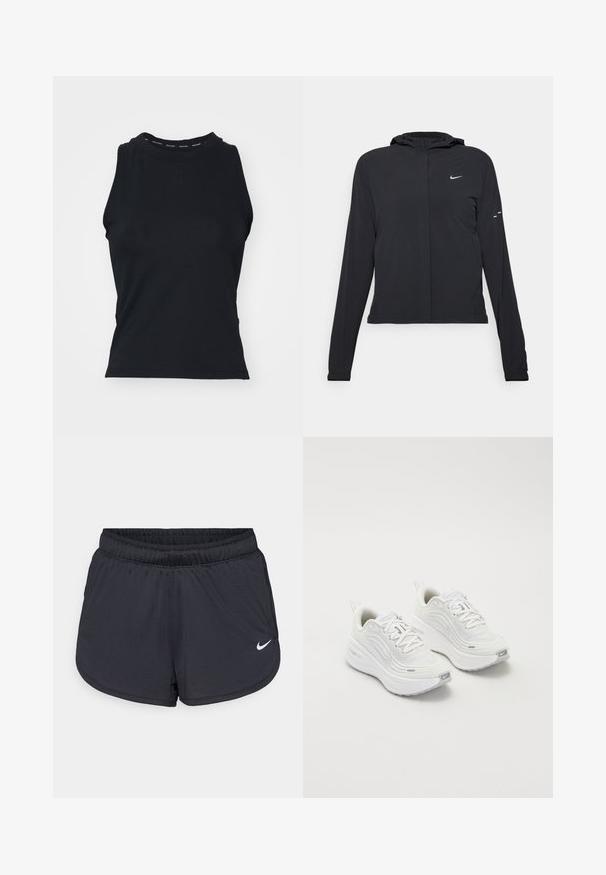 Crna jakna s kapuljačom i dugim rukavima, izrađena od laganog materijala. Ima prednji patentni zatvarač, Nike logo i suptilne dizajnerske detalje.; Crna bezrukavna majica s visokim izrezom. Izrađena od glatkog, rastezljivog materijala s logotipom otisnutim na ovratniku. Minimalistički dizajn.; Crne sportske kratke hlače s elastičnim pojasom, sportski dizajn i bijeli Nike logo na donjem prednjem dijelu. Teksturirani materijal.; Bijele sportske tenisice s teksturiranim mrežastim gornjim dijelom, podstavljenom potplatom i suptilnim sivim naglascima. Uključuju brendiranje i petlju na peti za lakše obuvanje.