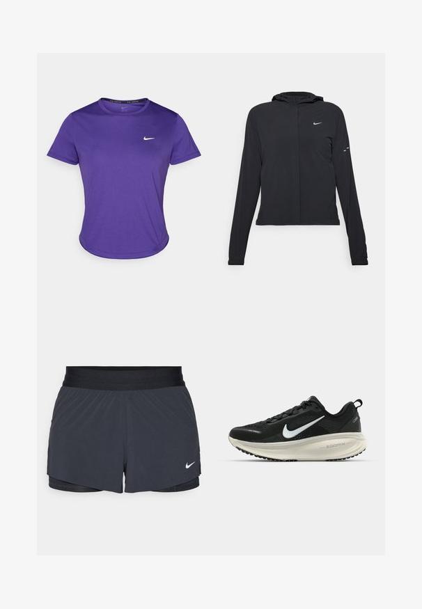 Mustassa hupparissa on pitkät hihat, ja se on valmistettu kevyestä materiaalista. Siinä on edessä vetoketju, Nike-logo ja hillityt muotoiluyksityiskohdat.; Violetti urheilupaita, joka on valmistettu kosteutta siirtävästä kankaasta. Paidassa on lyhyet hihat ja pyöreä kaula-aukko. Rinnan kohdalla pieni valkoinen logo.; Mustat urheilushortsit, joissa on joustava vyötärö. Shortseissa on kerroksellinen muotoilu ja pieni valkoinen Nike-logo vasemmassa alareunassa. Kevyt materiaali.; Mustat Nike-juoksukengät, joissa on hengittävä verkko-osa, valkoinen swoosh-logo, teksturoitu yksityiskohtaus ja kermaisen värinen ZoomX-välipohja.