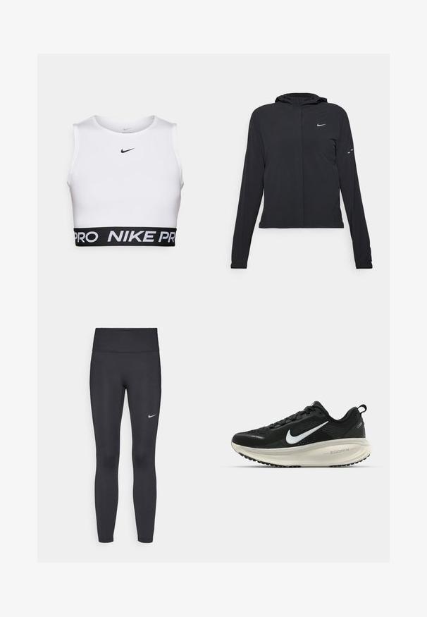 Fekete kapucnis dzseki hosszú ujjakkal, könnyű anyagból készült. Elülső cipzárral, Nike logóval és diszkrét dizájn elemekkel rendelkezik.; Fehér sportos cropped felső, kerek nyakkivágással, ujjatlan kialakítással és fekete, rugalmas derékszíjjal, amelyen a "NIKE PRO" felirat található.; Fekete leggings elasztikus anyagból, magas derékkal és fehér Nike logóval a bal combon. Simább textúra, testhez álló kialakítás.; Fekete Nike futócipő légáteresztő hálós felsőrésszel, fehér Swoosh logóval, textúrázott részletekkel és krém színű ZoomX középtalppal.