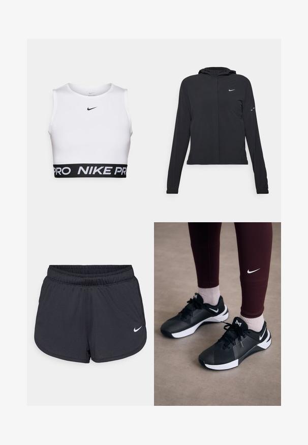 Jachetă neagră cu glugă, cu mâneci lungi, fabricată din material ușor. Dispune de un fermoar frontal, un logo Nike și accente de design subtile.; Top sportiv alb, cu guler rotund, fără mâneci și o bandă elastică neagră cu textul "NIKE PRO".; Pantaloni scurți atletici negri, confecționați dintr-un material ușor și respirabil. Prezintă un brâu elastic și logo-ul alb Nike în colțul din dreapta jos.; Pantofi sport negri cu un superior texturat și accente albe, având șireturi și un logo pe lateral. Purtați cu colanți cărămizii și șosete deschise la culoare.