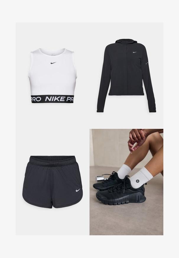 Zwarte kaptrui met lange mouwen, gemaakt van lichtgewicht materiaal. Voorzien van een ritssluiting aan de voorkant, een Nike-logo en subtiele ontwerpelementen.; Witte sportieve crop top met een ronde halslijn, mouwloos ontwerp en een zwarte elastische tailleband met de tekst "NIKE PRO".; Zwarte sportieve shorts met een elastische tailleband, een sportief ontwerp en een wit Nike-logo aan de voorkant onderaan. Getextureerde stof.; Zwarte sport schoenen van een gestructureerde stof, met vetersluiting en een opvallende zool, gecombineerd met witte geribbelde sokken met een klein logo.