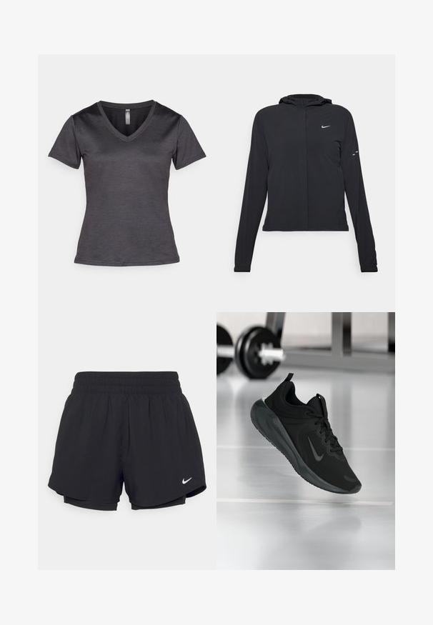 Čierna kapucňová bunda s dlhou rukávou, vyrobená z ľahkého materiálu. Má predný zips, logo Nike a jemné dizajnové akcenty.; Tmavohnedé tričko s véčkovým výstrihom a krátkymi rukávmi, vyrobené z hladkej látky. Obsahuje nenápadné logo na hrudi a má úzky strih.; Čierne športové šortky s elastickým pásom, vnútornou podšívkou a bielym logom Nike na dolnej ľavej strane. Hladká, ľahká tkanina.; Čierne športové tenisky s logom Nike, zobrazené vo vzduchu na podlahe telocvične, s rozmazaným regálom činkami v pozadí.