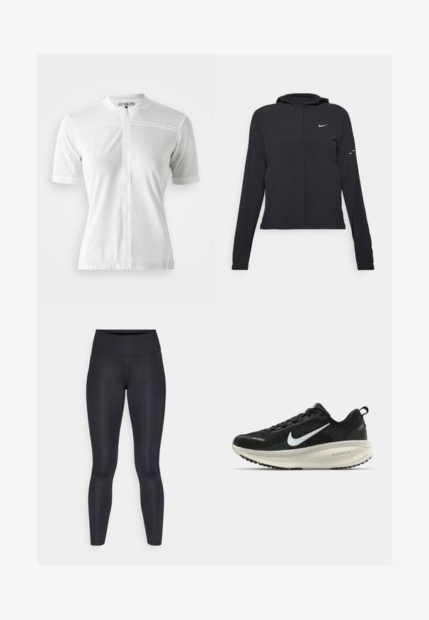 Svart hettegenser med lange ermer, laget av lett materiale. Har glidelås foran, Nike-logo og subtile design detaljer.; Hvit sykkeltrøye med korte ermer, glidelås foran, teksturert stoff og diskret merkevare på brystet. Lett og pustende design.; Sorte leggings laget av glatt, elastisk materiale. Høy midje uten synlige mønstre eller detaljer. Sitter tett fra midjen til anklene.; Svart Nike løpesko med pustende mesh-overdel, hvit swoosh-logo, teksturert detaljer og en kremfarget ZoomX mellomsåle.