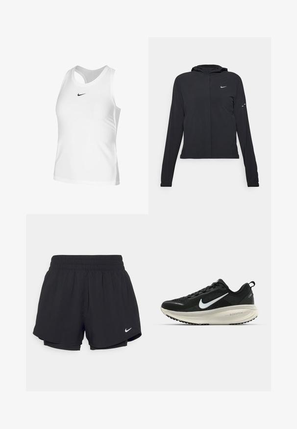 Sort hættetrøje med lange ærmer, lavet af letvægtsmateriale. Har en frontlynlås, et Nike-logo og subtile designaccenter.; Hvid atletisk tanktop lavet af glat stof, med rund hals, åben ryg og et lille sort Nike-logo på brystet.; Sorte atletiske shorts med en samlet elastisk talje, indvendig foring og hvidt Nike-logo nederst til venstre. Glat, letvægtsstof.; Sort Nike løbesko med åndbart mesh-overdel, hvidt swoosh-logo, tekstureret detaljering og en cremede ZoomX mellemsål.