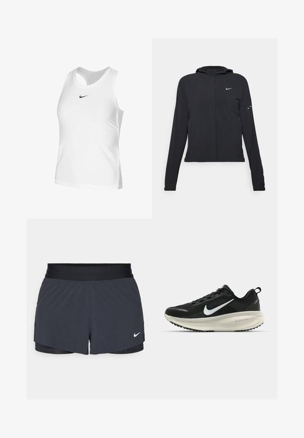 Svart hettegenser med lange ermer, laget av lett materiale. Har glidelås foran, Nike-logo og subtile design detaljer.; Hvit atletisk tanktopp laget av glatt materiale, med rund hals, åpen rygg og en liten svart Nike-logo på brystet.; Sorte treningshorts med elastisk midjebånd, med lagdelt design og liten hvit Nike-logo på nederste venstre side. Lett materiale.; Svart Nike løpesko med pustende mesh-overdel, hvit swoosh-logo, teksturert detaljer og en kremfarget ZoomX mellomsåle.
