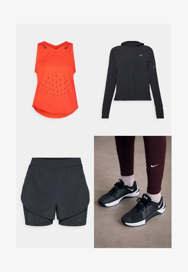 Giacca nera con cappuccio e maniche lunghe, realizzata in materiale leggero. Presenta una zip frontale, il logo Nike e accenti di design sottili.; Maglietta atletica senza maniche arancione con scollatura a V, caratterizzata da piccoli fori di ventilazione e loghi Nike neri sulle spalle.; Shorts sportivi neri con un design a strati, caratterizzati da uno strato esterno morbido e da pantaloni interni aderenti. Realizzati in tessuto leggero e elasticizzato.; Scarpe da ginnastica nere con una tomaia testurizzata e dettagli bianchi, dotate di lacci e un logo laterale. Indossate con leggings bordeaux e calze chiare.