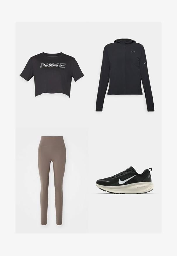 Mustassa hupparissa on pitkät hihat, ja se on valmistettu kevyestä materiaalista. Siinä on edessä vetoketju, Nike-logo ja hillityt muotoiluyksityiskohdat.; Nike Performance PRO TEE - Tekninen t-paita - black; Ruske korkeavyötäröiset leggingsit, jotka on valmistettu joustavasta materiaalista, jossa on sileä pinta. Leggingsit ovat saumattomat ja nilkkapituiset.; Mustat Nike-juoksukengät, joissa on hengittävä verkko-osa, valkoinen swoosh-logo, teksturoitu yksityiskohtaus ja kermaisen värinen ZoomX-välipohja.