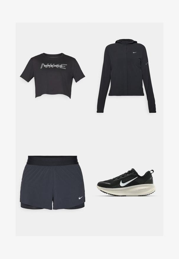 Svart huva jacka med långa ärmar, gjord av lätt material. Har en framdragare, en Nike-logotyp och subtila designelement.; Nike Performance PRO TEE - T-shirt till träning - black; Svarta idrottsshorts med elastisk midja, med en lagerdesign och en liten vit Nike-logga på nedre vänstra sidan. Lättviktig material.; Svart Nike löparsko med andningsbart mesh-ovandel, vit swoosh-logotyp, texturerad detaljering och en krämfärgad ZoomX-mellansula.