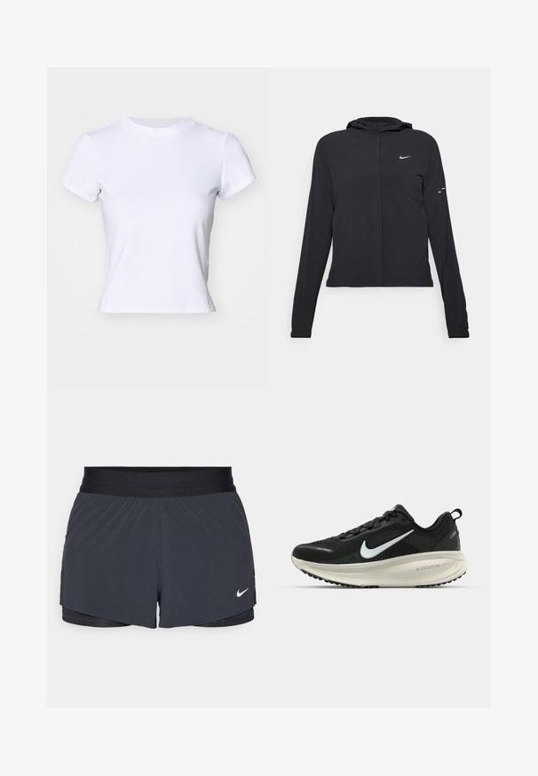 Sort hættetrøje med lange ærmer, lavet af letvægtsmateriale. Har en frontlynlås, et Nike-logo og subtile designaccenter.; Hvid t-shirt lavet af blødt stof, med rund hals og korte ærmer, har en tætsiddende pasform og små logo detaljer nær halsudskæringen.; Sort træningsshorts med elastisk talje, der har et lagdelt design og et lille hvidt Nike-logo nederst til venstre. Letvægtsmateriale.; Sort Nike løbesko med åndbart mesh-overdel, hvidt swoosh-logo, tekstureret detaljering og en cremede ZoomX mellemsål.