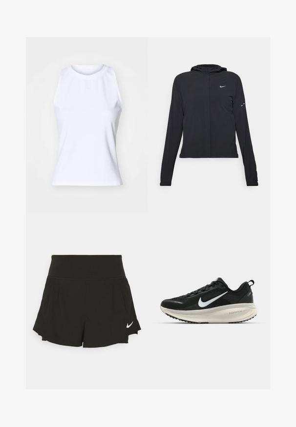 Zwarte kaptrui met lange mouwen, gemaakt van lichtgewicht materiaal. Voorzien van een ritssluiting aan de voorkant, een Nike-logo en subtiele ontwerpelementen.; Witte mouwloze tanktop gemaakt van een gladde katoenmix. Bevat een ronde halslijn en subtiele logo- borduursel aan de voorzijde.; Zwarte sportshorts met een brede tailleband, geplooide details, gebogen zoom en een wit Nike-logo aan de onderzijde rechts.; Zwarte Nike hardloopschoen met ademend mesh bovenwerk, witte swoosh-logo, gestructureerde details en een crèmekleurige ZoomX middenzool.
