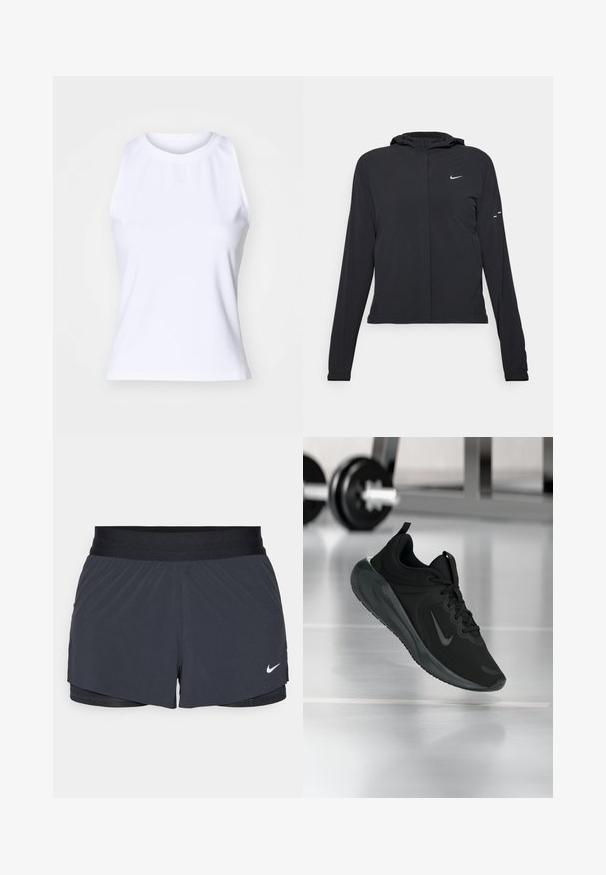 Sort hættetrøje med lange ærmer, lavet af letvægtsmateriale. Har en frontlynlås, et Nike-logo og subtile designaccenter.; Hvid ærmeløs tanktop lavet af glat bomuldsblanding. Har en rund halsudskæring og diskret logo-broderi i midten foran.; Sort træningsshorts med elastisk talje, der har et lagdelt design og et lille hvidt Nike-logo nederst til venstre. Letvægtsmateriale.; Sort sportsko med Nike-logo, vist midt i luften på et gymgulv, med en sløret vægtstang i baggrunden.