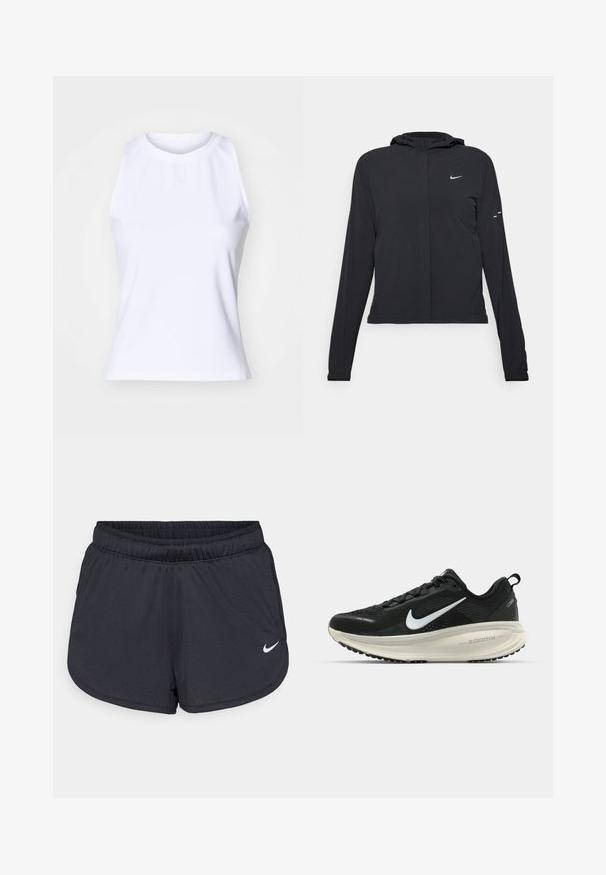 Černá kapucňová bunda s dlouhými rukávy, vyrobená z lehkého materiálu. Obsahuje přední zip, logo Nike a decentní designové akcenty.; Bílý bezrukávový top vyrobený z hladké směsice bavlny. Má kulatý výstřih a nenápadnou výšivku loga na přední části.; Černé sportovní šortky vyrobené z lehké, prodyšné látky. Obsahují elastický pás a bílé logo Nike na dolní pravé straně.; Černá běžecká obuv Nike s prodyšným síťovaným svrškem, bílým logem swoosh, texturovanými detaily a krémovou mezipodešví ZoomX.