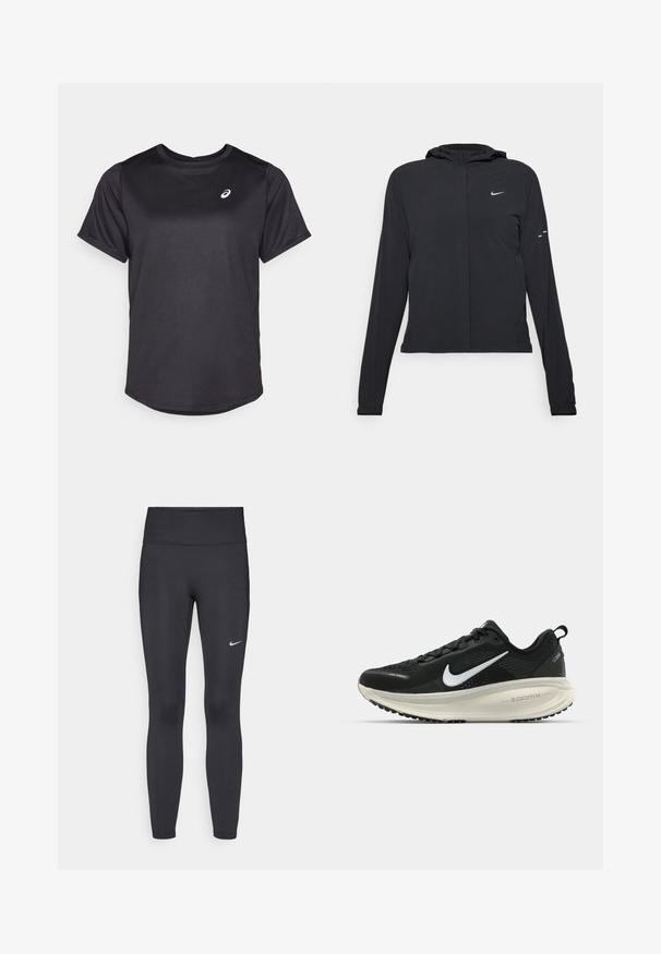 Casaco preto com capuz e mangas longas, feito de material leve. Apresenta um fecho dourado na frente, um logótipo da Nike e detalhes de design subtis.; T-shirt atlético preto feito de um tecido suave e de secagem rápida. Apresenta um decote redondo e mangas curtas. Logótipo em branco no lado esquerdo do peito.; Leggings pretos feitos de tecido elástico, com uma cintura alta e um logo branco da Nike na coxa esquerda. Textura suave, design ajustado ao corpo.; Sapatilha de corrida Nike preta com parte superior de malha respirável, logotipo Swoosh branco, detalhes texturizados e uma entressola ZoomX na cor creme.