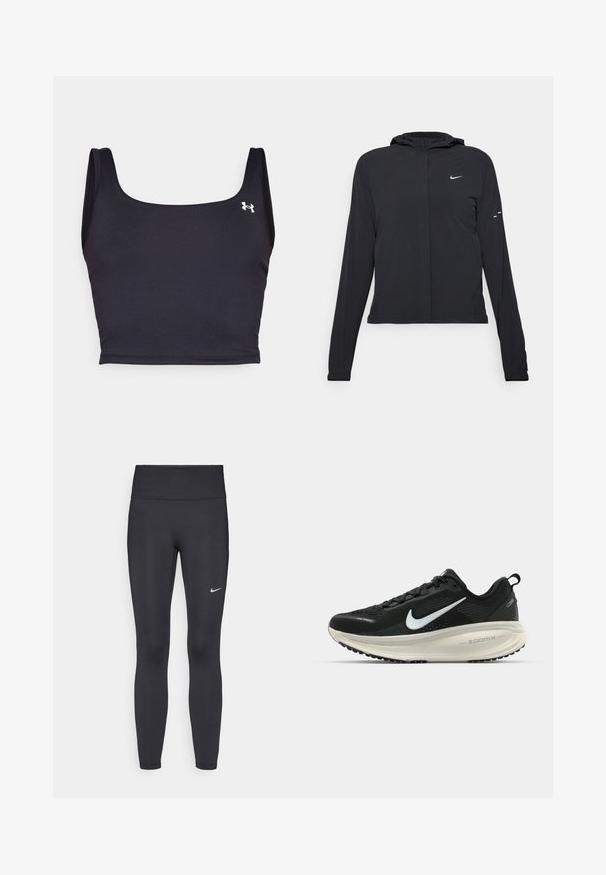 Svart hettegenser med lange ermer, laget av lett materiale. Har glidelås foran, Nike-logo og subtile design detaljer.; Svart sports crop top laget av glatt materiale, med firkantet hals og brede stropper. Inkluderer en liten hvit logo på siden.; Sorte leggings laget av elastisk stoff, med høy livlinje og en hvit Nike-logo på venstre lår. Glatt tekstur, kroppsnær passform.; Svart Nike løpesko med pustende mesh-overdel, hvit swoosh-logo, teksturert detaljer og en kremfarget ZoomX mellomsåle.