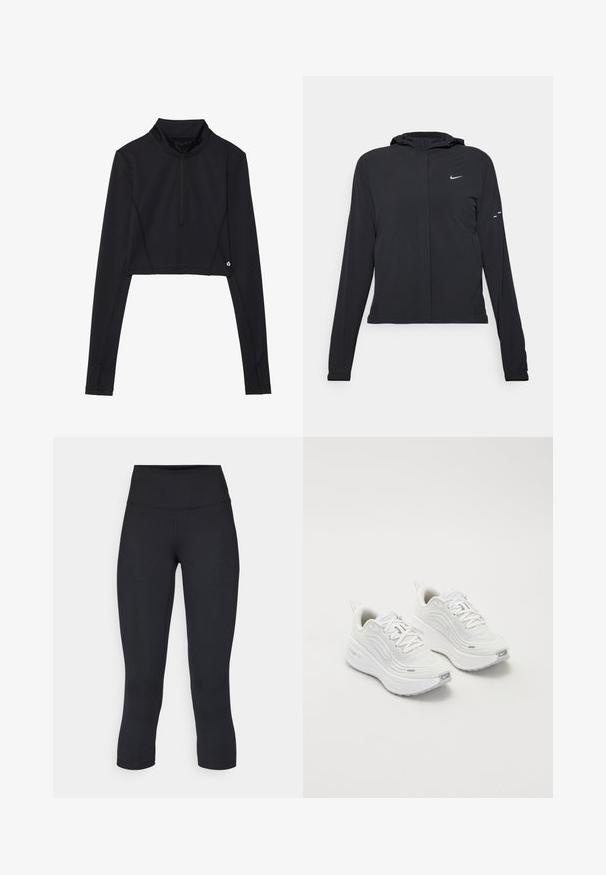 Juodas gobtuvas striukė su ilgomis rankovėmis, pagaminta iš lengvo audinio. Pasižymi priekiniais užtrauktukais, Nike logotipu ir subtiliais dizaino akcentais.; Juodas trumpintas ilgas rankovėmis marškinėliai su aukšta apykakle, su ketvirčio užtrauktuku ir siuvinėtomis detalėmis ant rankovių ir apdailos.; Juodos apkarpytos legginsai, pagaminti iš tamprios medžiagos, su aukšta juosmens linija ir glotnia tekstūra, be matomų raštų ar detalių.; Baltieji sportiniai batai su tekstūruota tinklelio viršutine dalimi, paminkštintu padu ir subtiliais pilkais akcentais. Yra prekės ženklas ir kilpa kulne, skirta lengvam užsidėjimui.