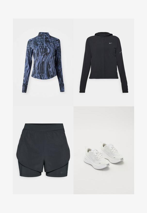 Svart huva jacka med långa ärmar, gjord av lätt material. Har en framdragare, en Nike-logotyp och subtila designelement.; Långärmad atletisk topp i mörkblått med lila marmorerat mönster, med hög krage och halvdragkedja. Slät och stretchig tyg.; Svarta träningsshorts med ett lagerdesign, med ett slätt yttre lager och en åtsittande inre short. Tillverkade av lätt, elastisk tyg.; Vita atletiska skor med en texturerad mesh-övre, dämpad sula och diskreta grå accenter. Inkluderar logotyp och slinga vid hälen för lätt påtagning.