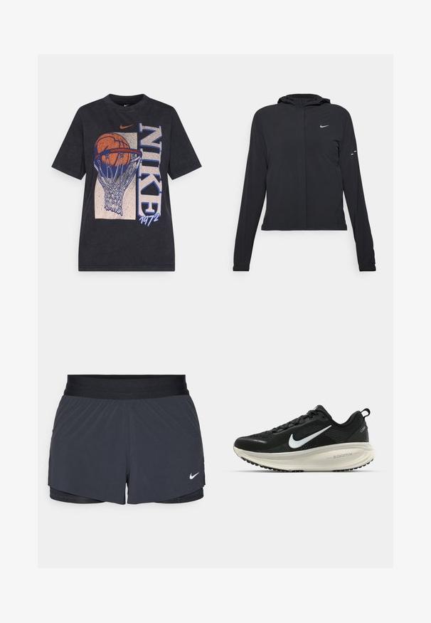 Čierna kapucňová bunda s dlhou rukávou, vyrobená z ľahkého materiálu. Má predný zips, logo Nike a jemné dizajnové akcenty.; Čierne bavlnené tričko s grafikou basketbalovej lopty v koši, s nápismi "NIKE" a "1972". Krátke rukávy a klasický golier.; Čierne športové šortky s elastickým pásom, ktoré majú vrstvený dizajn a malú bielu aplikáciu loga Nike v dolnom ľavom rohu. Ľahký materiál.; Čierne bežecké topánky Nike s priedušnou sieťovinou, bielym logom s symbolom swoosh, textúrovanými detailmi a krémovou ZoomX medzipodrážkou.