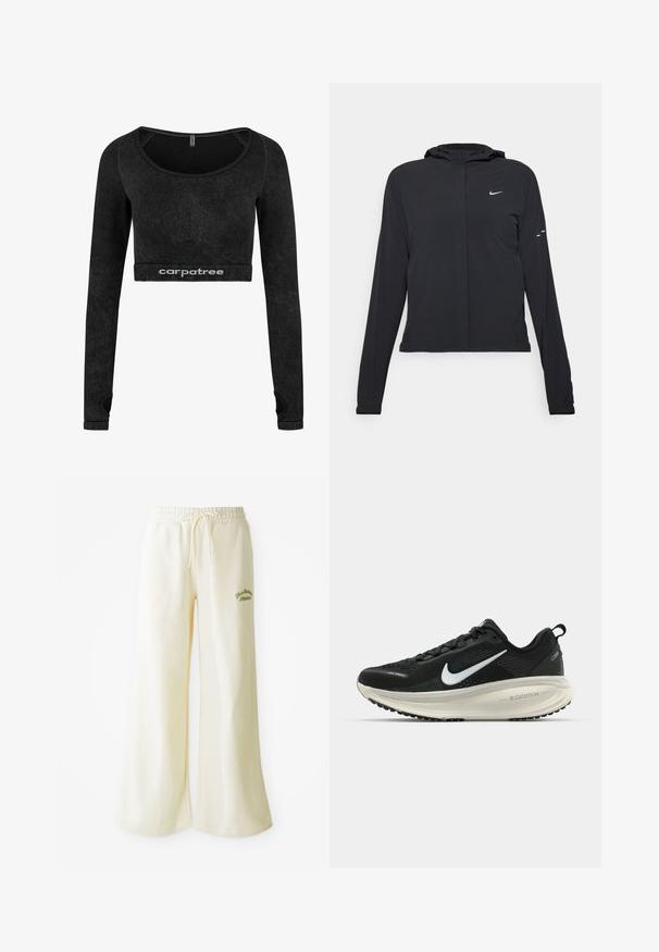 Černá kapucňová bunda s dlouhými rukávy, vyrobená z lehkého materiálu. Obsahuje přední zip, logo Nike a decentní designové akcenty.; Černý dlouhý rukáv crop top vyrobený z měkkého materiálu. Disponuje kulatým výstřihem a texturovanými detaily na rukávech. Logo je umístěno na spodním lemu.; Krémové široké tepláky s elastickým pasem a nastavovací šňůrkou. Vyšívaný zelený nápis "Athletic" vpředu. Měkká tkanina.; Černá běžecká obuv Nike s prodyšným síťovaným svrškem, bílým logem swoosh, texturovanými detaily a krémovou mezipodešví ZoomX.