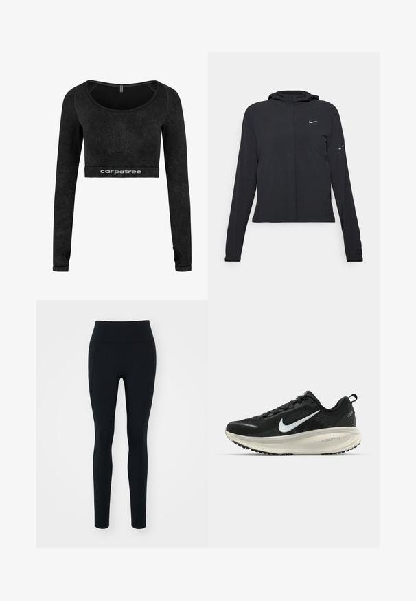 Zwarte kaptrui met lange mouwen, gemaakt van lichtgewicht materiaal. Voorzien van een ritssluiting aan de voorkant, een Nike-logo en subtiele ontwerpelementen.; Zwarte langmouw crop top van zacht materiaal. Heeft een ronde halslijn en textuurelementen langs de mouwen. Logo weergegeven aan de zoom.; Zwarte leggings van rekbaar materiaal met een hoge tailleband. Soepele textuur, slim fit ontwerp en geen zichtbare versieringen of patronen.; Zwarte Nike hardloopschoen met ademend mesh bovenwerk, witte swoosh-logo, gestructureerde details en een crèmekleurige ZoomX middenzool.
