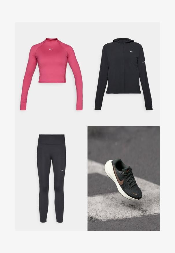 Svart huva jacka med långa ärmar, gjord av lätt material. Har en framdragare, en Nike-logotyp och subtila designelement.; Rosa långärmad crop top i elastiskt material, med hög krage och sid sömmar, samt en liten vit Nike-logotyp på bröstet.; Svarta leggings i elastiskt material, med hög midja och en vit Nike-logga på vänster lår. Slät textur, figurnära design.; Svart nätlöparsko med en texturerad ovandel, en brun Nike-swoosh och en vit dämpad sula, svävande ovanför en grå yta.