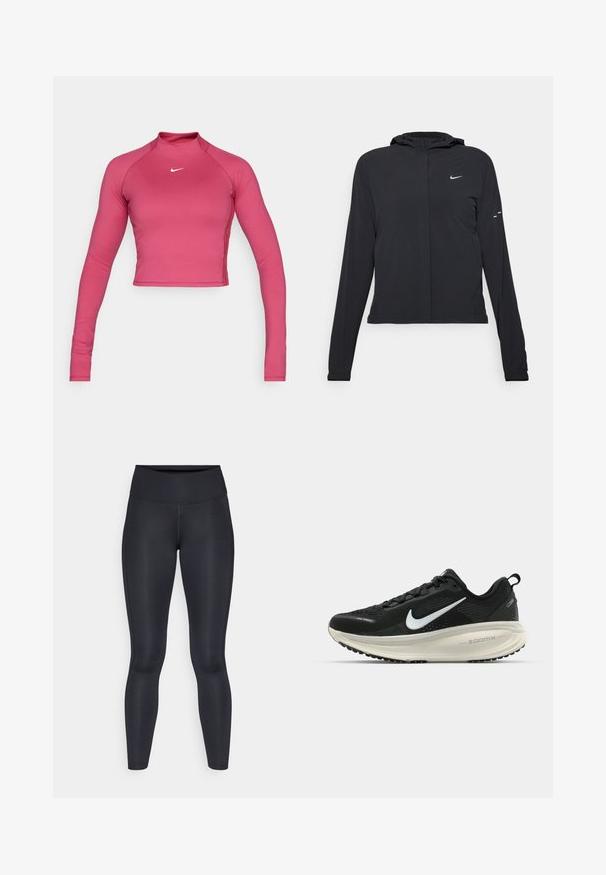 Melnā kapuci jaka ar garām piedurknēm, izgatavota no viegla materiāla. Tam ir priekšējais rāvējslēdzis, Nike logo un smalki dizaina akcenti.; Rozā garām piedurknēm augstās kvalitātes cropped tops, izgatavots no elastīga materiāla, ar augstu apkakli un sānu šuvēm, uz krūšu daļas atrodas neliels balts Nike logotips.; Melnas legingi, izgatavoti no gludas, elastīgas auduma. Augsts jostasvieta bez redzamām rakstiem vai akcentiem. Cieši pieguļ no jostas līdz potītēm.; Melnas Nike skriešanas kurpes ar elpojošu acs augšdaļu, baltu Swoosh logotipu, strukturētu apdari un krēmkrāsas ZoomX starpsole.