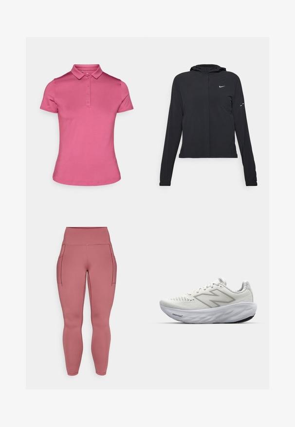 Zwarte kaptrui met lange mouwen, gemaakt van lichtgewicht materiaal. Voorzien van een ritssluiting aan de voorkant, een Nike-logo en subtiele ontwerpelementen.; Roze polo shirt gemaakt van gladde stof, met een kraag, zes-knopen sluiting en korte mouwen. Eenvoudig, aansluitend ontwerp met een nette afwerking.; Roze leggings van rekbare stof, met twee zijzakken, een hoge tailleband en gladde, naadloze details overal.; Witte sportschoenen met een bovenwerk van mesh, voorzien van een gevoerde kraag, een gestructureerde zool en de merknaam "Fresh Foam" op de tussenzool.