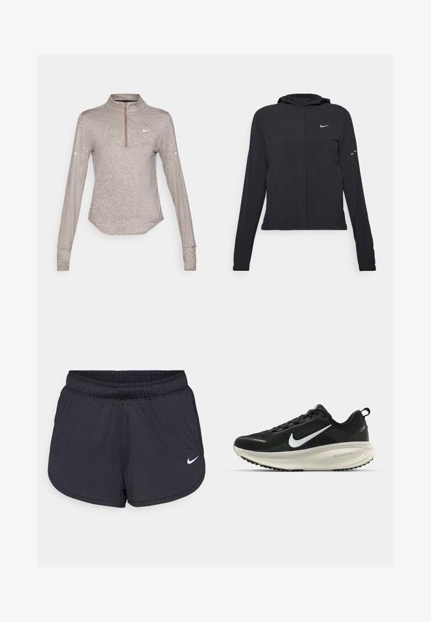 Veste à capuche noire avec des manches longues, fabriquée en matériau léger. Elle comporte une fermeture éclair à l'avant, un logo Nike et des accents de design subtils.; Haut de sport long à manches en brun clair, avec un zip quart, un tissu texturé et un petit logo Nike blanc sur la poitrine.; Shorts de sport noirs en tissu léger et respirant. Dotés d'une taille élastique et d'un logo Nike blanc sur le bas à droite.; Baskets de course noir Nike avec tige respirante en mesh, logo swoosh blanc, détails texturés et semelle intermédiaire ZoomX de couleur crème.