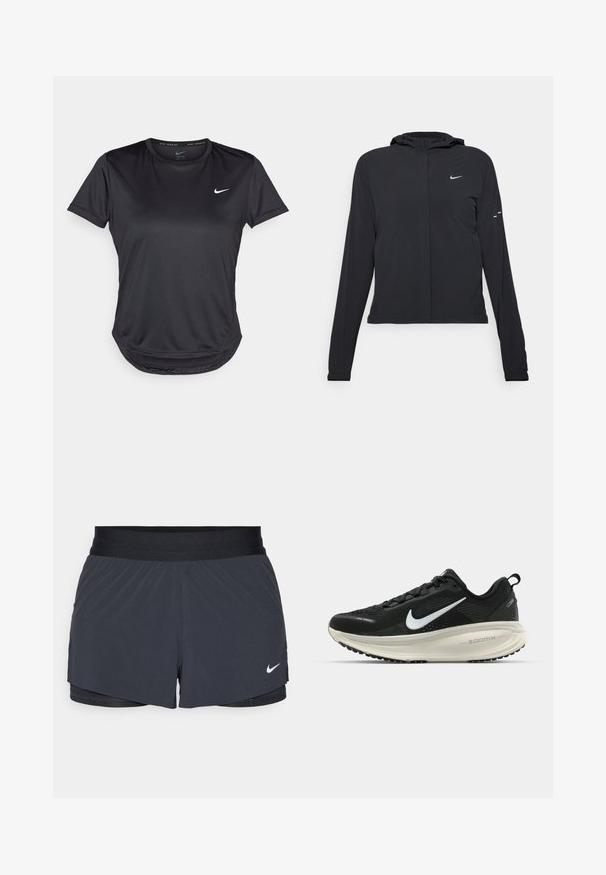 Černá kapucňová bunda s dlouhými rukávy, vyrobená z lehkého materiálu. Obsahuje přední zip, logo Nike a decentní designové akcenty.; Černé sportovní tričko s krátkým rukávem vyrobené z hladké, prodyšné tkaniny. Má zaoblený výstřih a malé bílé logo Nike na prsou.; Černé sportovní kraťasy s elastickým pasem, které mají vrstvený design a malé bílé logo Nike na dolním levém rohu. Lehce materiál.; Černá běžecká obuv Nike s prodyšným síťovaným svrškem, bílým logem swoosh, texturovanými detaily a krémovou mezipodešví ZoomX.