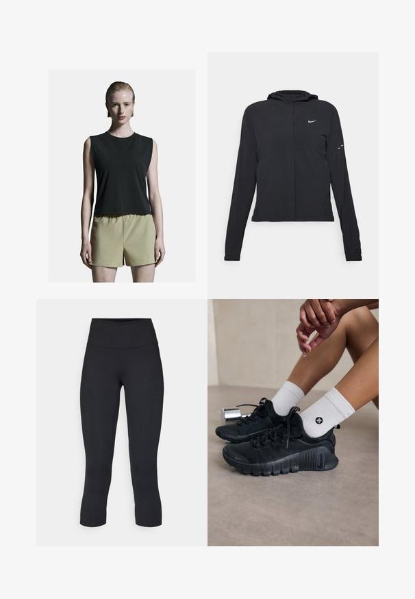 Schwarze Kapuzenjacke mit langen Ärmeln, aus leichtem Material gefertigt. Sie hat einen vorderen Reißverschluss, ein Nike-Logo und dezente Designelemente.; Schwarzes ärmelloses Oberteil mit rundem Ausschnitt, kombiniert mit hellen khakifarbenen High-Waist-Shorts. Glattes Material mit lockerem Schnitt.; Schwarze, cropped Leggings aus dehnbarem Material, mit einem hohen Bund und glatter Textur, ohne sichtbare Muster oder Hardware.; Schwarze Sportschuhe aus strukturiertem Stoff, mit Schnürdesign und auffälliger Sohle, kombiniert mit weißen gerippten Socken, die ein kleines Logo tragen.