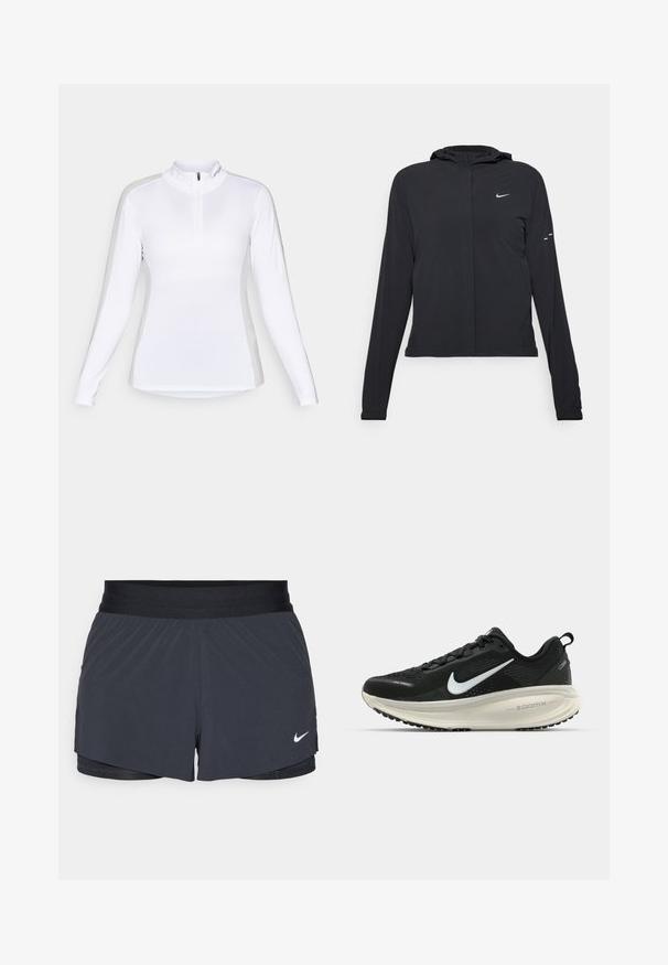 Casaco preto com capuz e mangas longas, feito de material leve. Apresenta um fecho dourado na frente, um logótipo da Nike e detalhes de design subtis.; Camisa atlética branca de manga longa com gola com fecho. Apresenta um design sem costuras e um estilo ajustado, adequado para atividades ao ar livre.; Calças curtas de atletismo pretas com um cós elástico, apresentando um design em camadas e um pequeno logótipo da Nike em branco no canto inferior esquerdo. Material leve.; Sapatilha de corrida Nike preta com parte superior de malha respirável, logotipo Swoosh branco, detalhes texturizados e uma entressola ZoomX na cor creme.