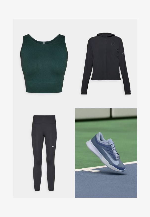 Crna jakna s kapuljačom i dugim rukavima, izrađena od laganog materijala. Ima prednji patentni zatvarač, Nike logo i suptilne dizajnerske detalje.; Tamnozeleni rebrasti skraćeni top s okruglim izrezom i širokim trakama, izrađen od teksturiranog pletenog materijala.; Crne tajice izrađene od rastezljivog materijala, s visokim strukom i bijelim Nike logotipom na lijevom bedru. Glatka tekstura, dizajn koji prati obline.; Sportske tenisice u svijetloplavoj i tamnoplavoj boji, s teksturiranim gornjim dijelom, ravnim vezicama i laganim bijelim potplatom. Iznad su povišene u odnosu na teren.