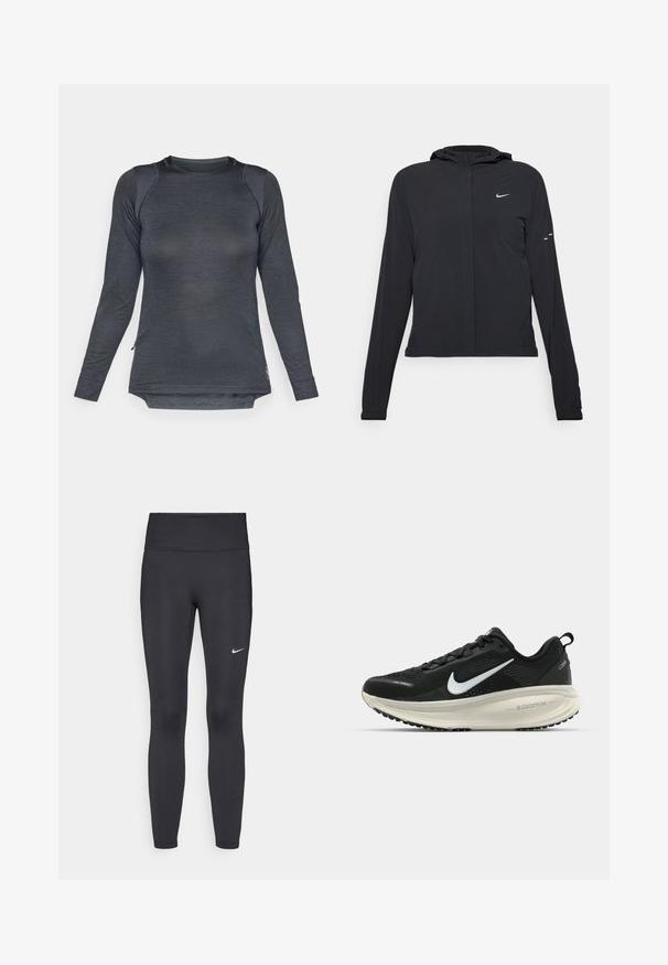 Svart huva jacka med långa ärmar, gjord av lätt material. Har en framdragare, en Nike-logotyp och subtila designelement.; Långärmad träningsskjorta i mörkgrått tyg med en strukturerad design, rundad halsringning och sidoöppningar för ökad rörelsefrihet.; Svarta leggings i elastiskt material, med hög midja och en vit Nike-logga på vänster lår. Slät textur, figurnära design.; Svart Nike löparsko med andningsbart mesh-ovandel, vit swoosh-logotyp, texturerad detaljering och en krämfärgad ZoomX-mellansula.