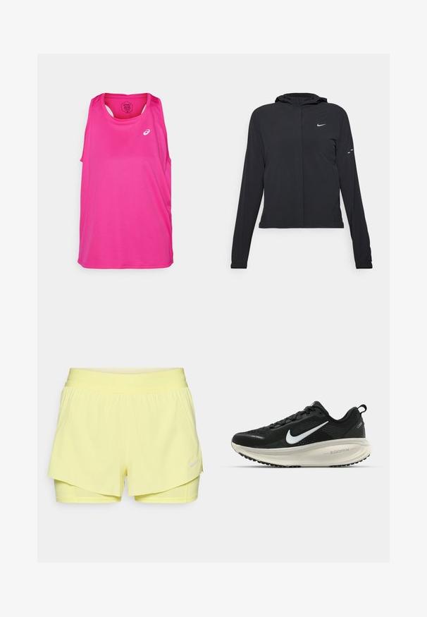 Zwarte kaptrui met lange mouwen, gemaakt van lichtgewicht materiaal. Voorzien van een ritssluiting aan de voorkant, een Nike-logo en subtiele ontwerpelementen.; Roze sportieve tanktop met een mouwloos ontwerp, ronde halslijn en een logo op de voorkant. Gemaakt van lichtgewicht, ademende stof.; Gele sportshorts met een elastische tailleband, gelaagd ontwerp en een wit Nike-logo aan de rechteronderkant.; Zwarte Nike hardloopschoen met ademend mesh bovenwerk, witte swoosh-logo, gestructureerde details en een crèmekleurige ZoomX middenzool.