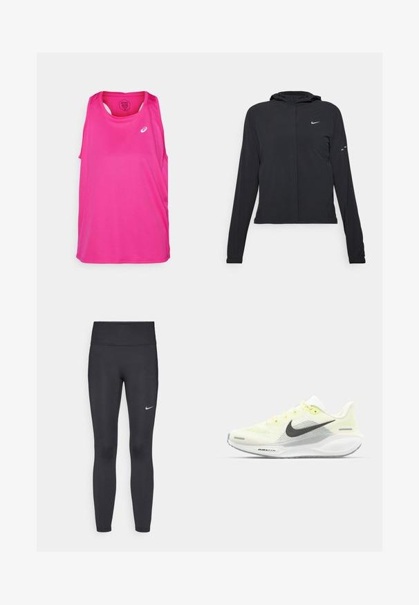 Black hooded jacket with long sleeves, made from lightweight material. Features a front zipper, a Nike logo, and subtle design accents.; Pink athletic tank top with a sleeveless design, round neckline, and a logo on the front. Made from lightweight, breathable fabric.; Black leggings made of stretchy fabric, featuring a high waistband and a white Nike logo on the left thigh. Smooth texture, form-fitting design.; Nike running shoes with a light yellow and white mesh upper, grey accents, and a flexible rubber sole. Features a lace-up closure.
