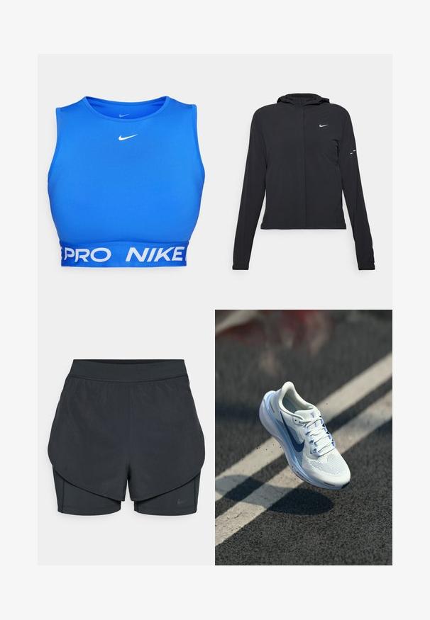 Melnā kapuci jaka ar garām piedurknēm, izgatavota no viegla materiāla. Tam ir priekšējais rāvējslēdzis, Nike logo un smalki dizaina akcenti.; Zils sporta krūšturis, izgatavots no gludas auduma, ar apaļu kakla izgriezumu, biezu baltu jostu ar tekstu "PRO" un "NIKE", kā arī logo uz krūtīm.; Melnas sporta šortus ar slāņotu dizainu, kas ietver gludu ārējo slāni un pieguļošus iekšējos šortus. Izgatavoti no viegla, elastīga auduma.; Balts sporta apavi ar elpojošu sietu augšdaļu un zilu akcentu. Iezīmēts ar mīkstu zoli un plakaniem šņorēm. Viduszolei ir "Air Zoom" zīmols.
