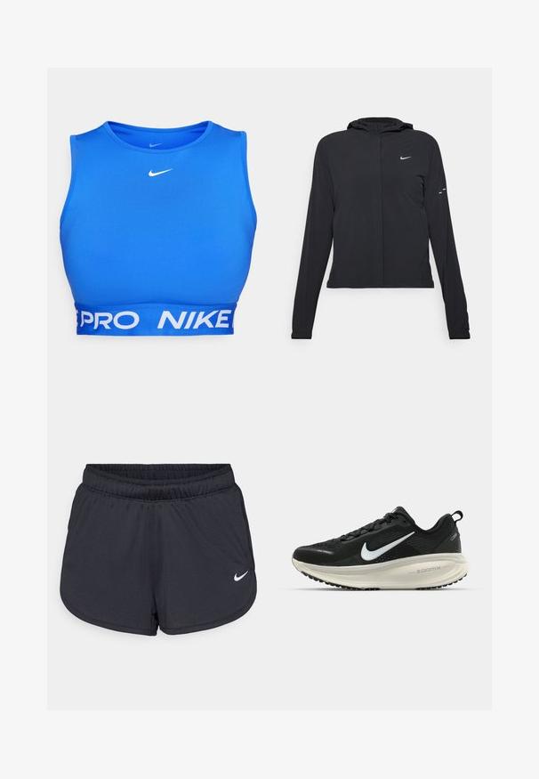 Fekete kapucnis dzseki hosszú ujjakkal, könnyű anyagból készült. Elülső cipzárral, Nike logóval és diszkrét dizájn elemekkel rendelkezik.; Kék sportmelltartó sima anyagból, kerek nyakkivágással, vastag fehér derékpánttal, rajta a "PRO" és "NIKE" felirattal, valamint logóval a mellkason.; Fekete sportos rövidnadrág, könnyű, légáteresztő anyagból készült. Rugalmas derékpánttal rendelkezik, és a jobb alsó oldalon fehér Nike logó található.; Fekete Nike futócipő légáteresztő hálós felsőrésszel, fehér Swoosh logóval, textúrázott részletekkel és krém színű ZoomX középtalppal.